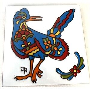 Hand N Hand  6" Square Ceramic Art Tile Hand Glazed Roadrunner Lead Free USA